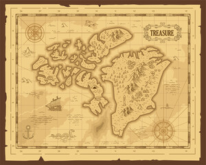 Old vintage grunge fantasy map pirate treasure paper  map worn parchment with ships with compass wind rose