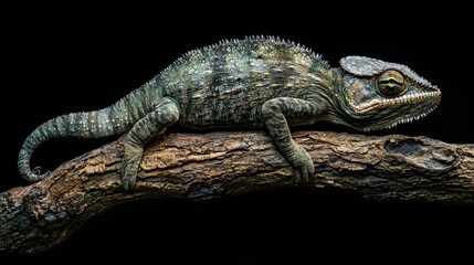 Obraz premium Close-Up of a Colorful Lizard Resting on a Branch with Detailed Scales and Textured Skin Against a Black Background