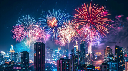 Brilliant fireworks lighting up a city skyline in a dazzling array of colors and patterns
