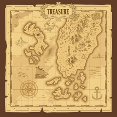 Obraz premium Old vintage grunge paper fantasy map pirate treasure map worn parchment ships with compass wind rose