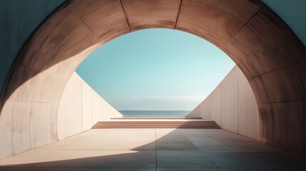 Modern architectural archway leading to ocean view under clear sky