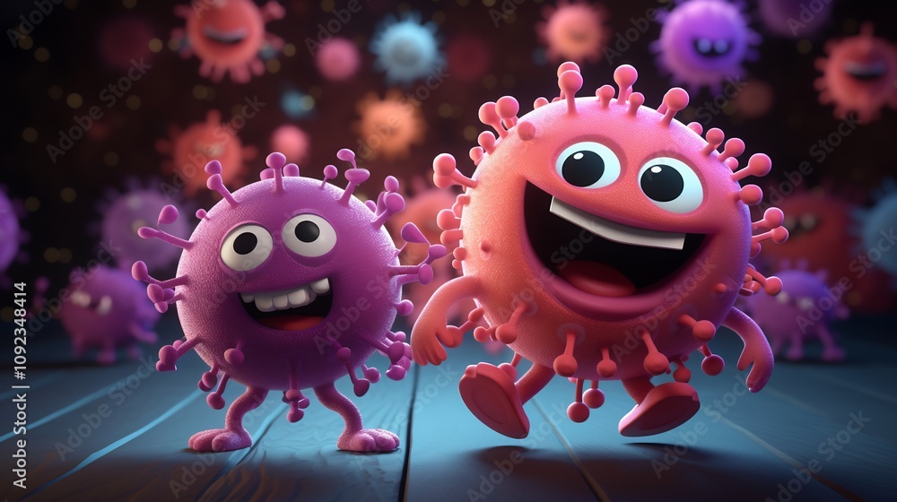 Aufkleber cheerful 3d characters discussing immunity with dynamic virus molecules