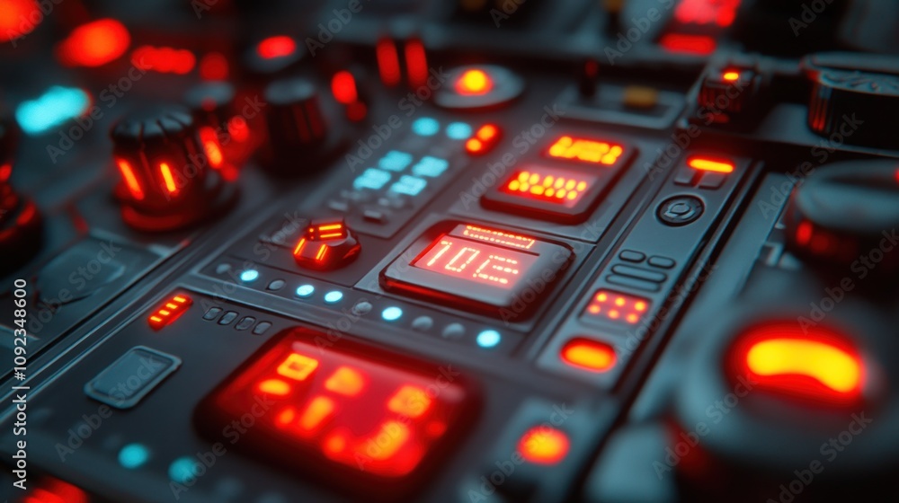 Poster Futuristic Control Panel With Illuminated Buttons And Display