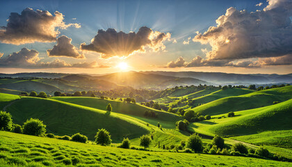 Lever de soleil sur les collines verdoyantes