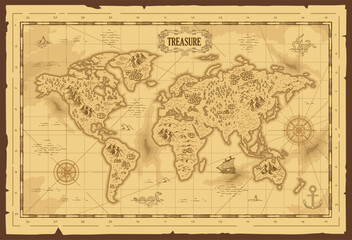 Old vintage grunge paper fantasy world map pirate treasure map worn parchment with ships with compass wind rose © yisar