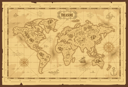 Old vintage grunge paper fantasy world map pirate treasure map worn parchment with ships with compass wind rose