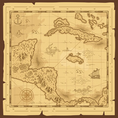 Vintage old grunge paper fantasy map pirate treasure map worn parchment with ships with compass wind rose © yisar