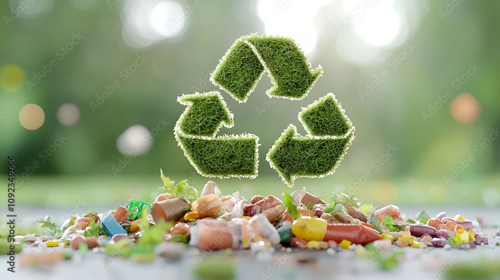 Leinwandbilder a detailed three dimensional recycling emblem formed from natural moss and leaves floating over a co