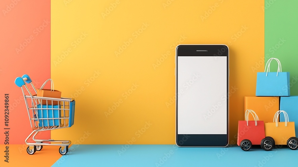 Poster Minimalistic scene featuring a smartphone with a blank display and a shopping cart on a colorful abstract stage background highlighting the concept of online shopping and e commerce