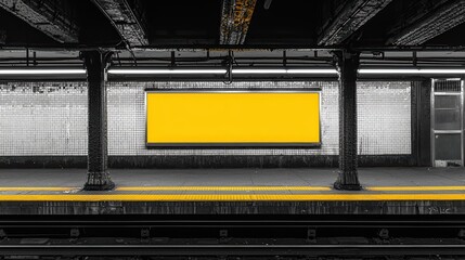 Empty Underground Station: Minimalist View with Yellow Advertising Space on a Clean Platform Surrounded by Industrial Pillars and Subway Interior Lighting