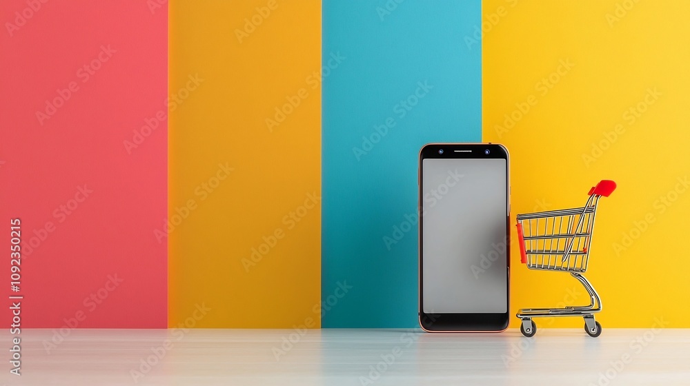 Leinwandbilder Smartphone with Empty Display and Shopping Cart Standing on Vibrant Gradient Stage Depicting Digital Commerce and Online Shopping Concepts