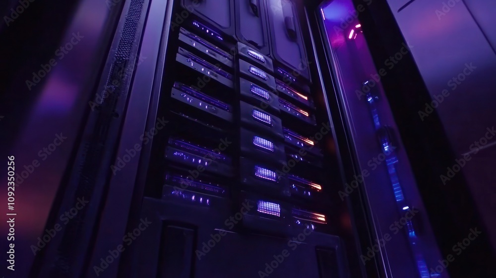Poster illuminated server rack in a dark room