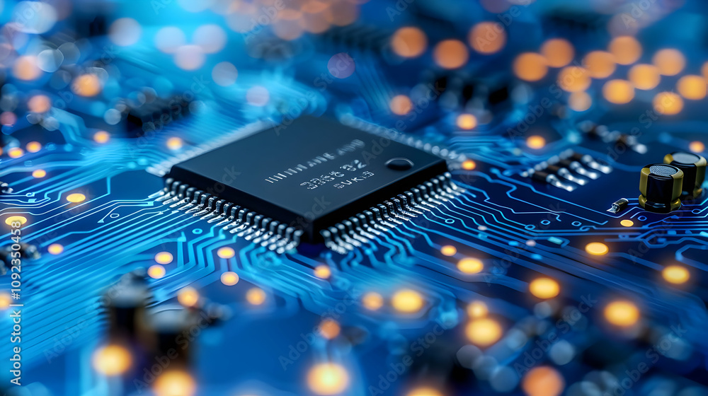 Poster 3d render of circuit board microchip