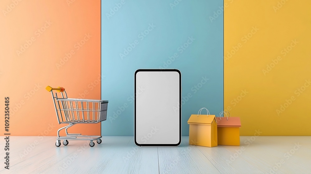 Poster a creative and visually striking digital retail setup featuring a blank screen smartphone standing o
