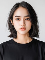 Fototapeta premium Captivating minimalist portrait of a thai woman against a clean background highlighting natural beauty and elegance