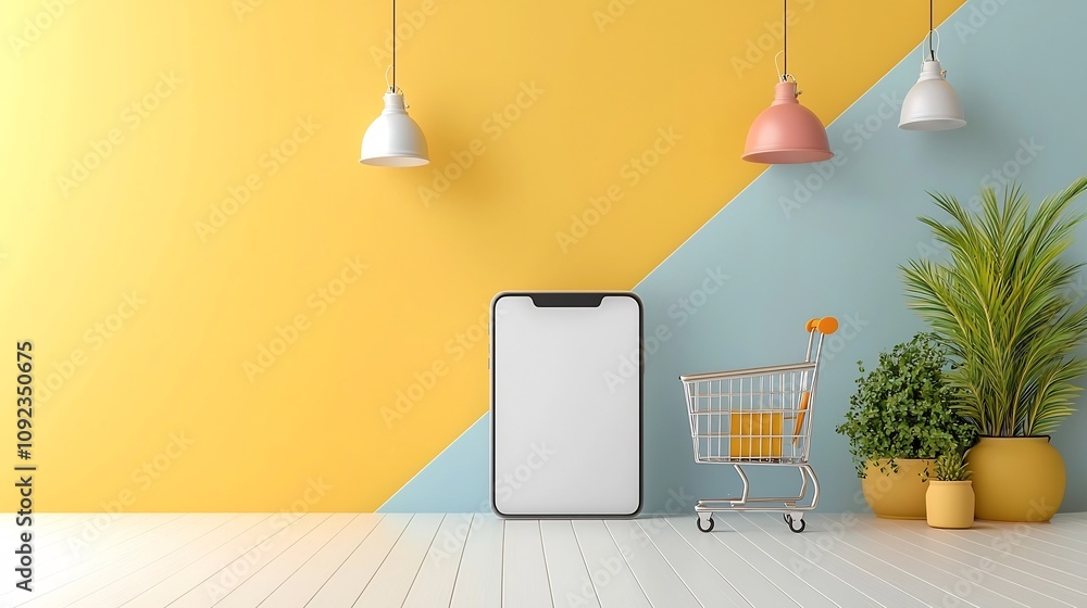 Poster a vibrant and modern scene featuring a smartphone with a blank screen and a shopping cart placed on 