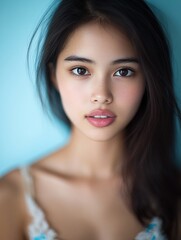 Obraz premium Captivating minimalist portrait of a thai woman against a clean background embracing natural beauty and simplicity