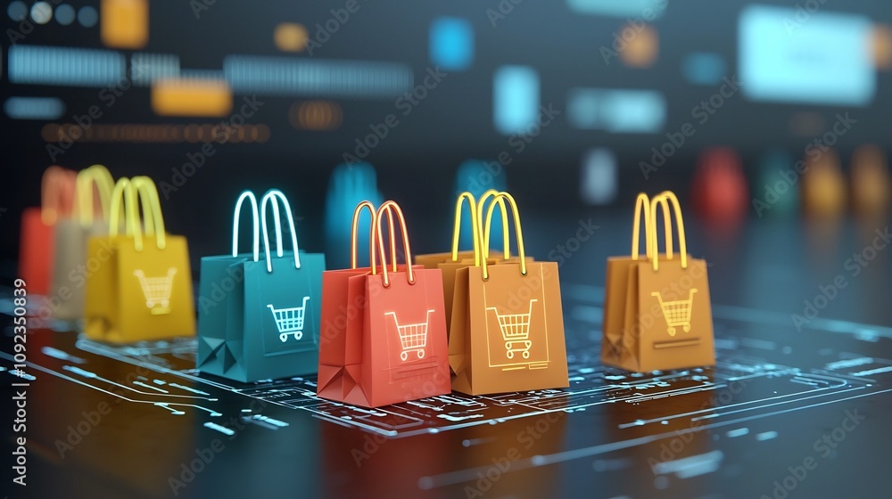 Leinwandbilder futuristic scene of vibrant multicolored shopping bags with neon like glowing details placed against