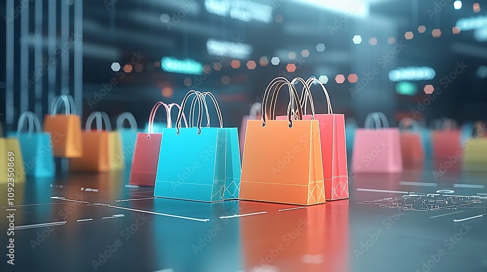 Aufkleber futuristic scene of multicolored shopping bags with neon like glowing details placed against a dynam