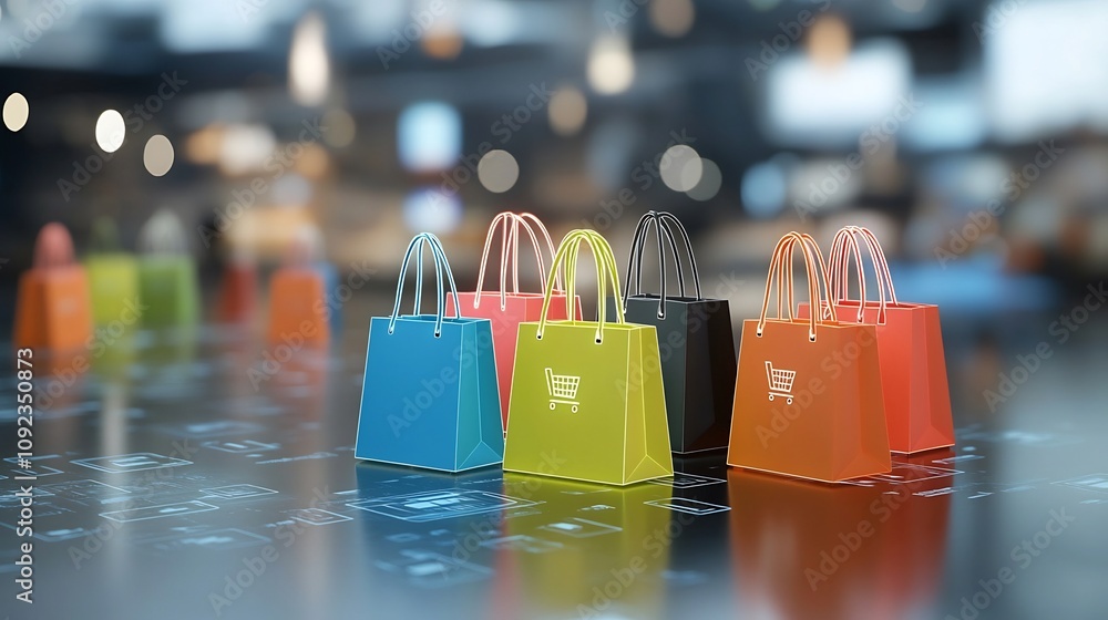 Poster futuristic scene of multicolored shopping bags with neon like glowing details placed against a dynam
