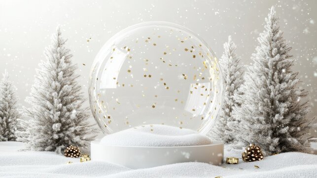 Christmas tree in Glass snow globe on red background, Christmas decorative design with white snowdrift,snowflakes,glow garland,3d decorative garland glow.Xmas Decorations,Vector illustration.