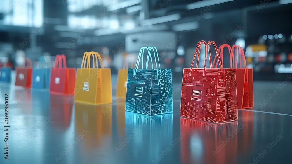 Poster sleek and modern design of brightly colored shopping bags with digital patterns glowing in a tech in