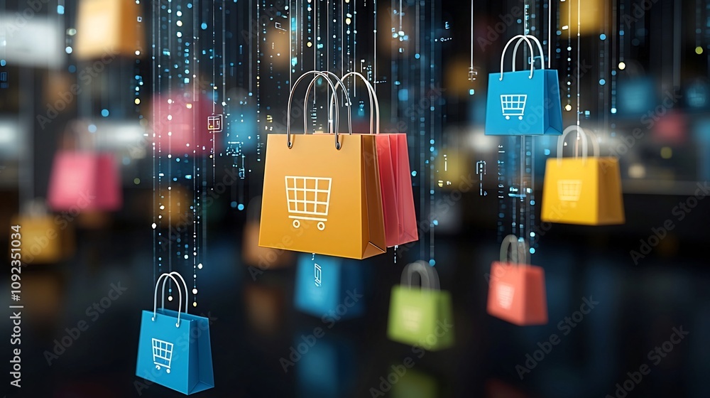 Poster An abstract e commerce concept featuring colorful glowing shopping bags floating in a digital matrix like background highlighting the innovation and evolution of online shopping experiences