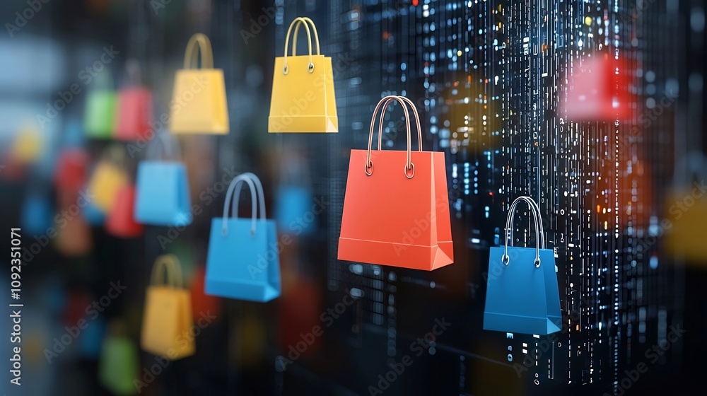 Poster Vibrant Futuristic E Commerce Concept Featuring Colorful Glowing Shopping Bags Floating in a Sleek Digital Matrix Like Background Highlighting the Innovation and Technology of Online Shopping