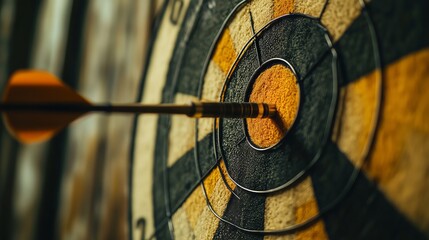 Dart hitting the bullseye on a textured dartboard in a cozy indoor setting