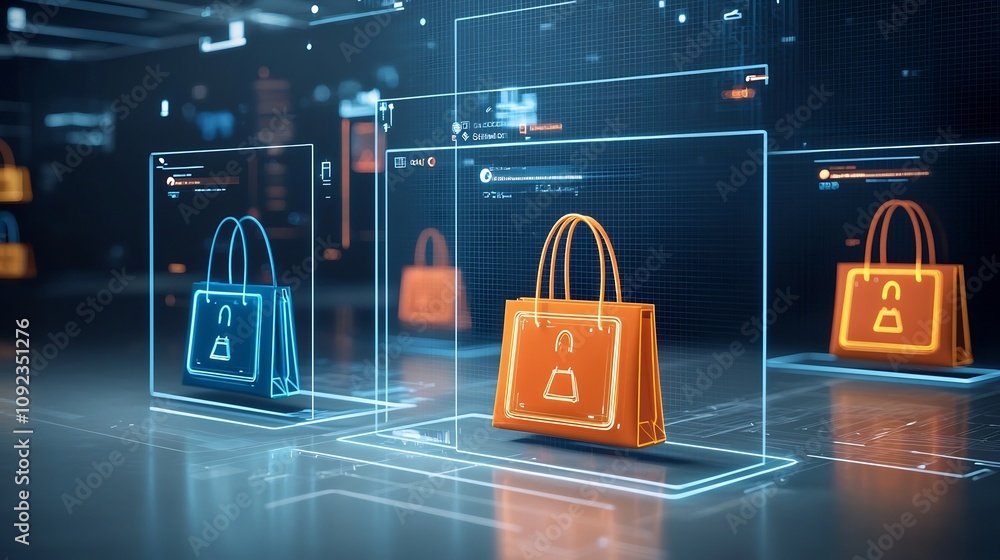 Aufkleber visually stunning futuristic digital shopping design showcasing radiant glowing bags in bold colors 