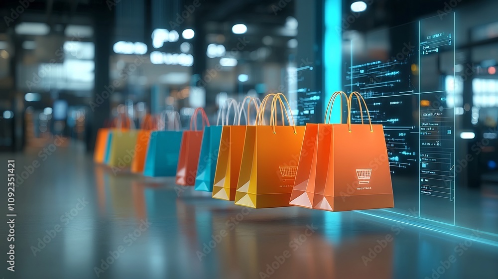 Poster Visually striking showcasing shopping bags in bright neon colors with glowing effects placed in a tech inspired setting representing the dynamic world of digital retail and e commerce