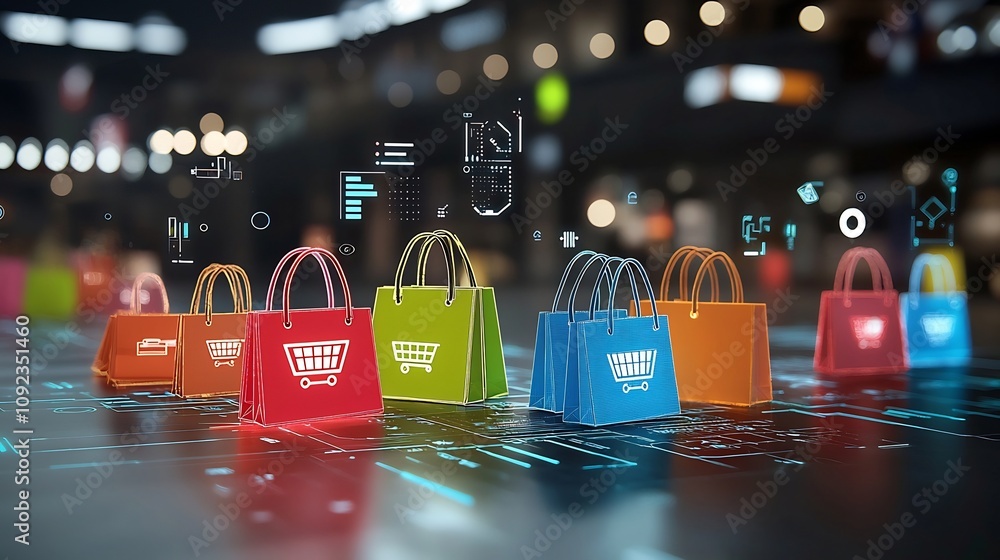 Aufkleber vibrant and dynamic digital shopping bags with neon effects and bold abstract tech inspired visuals 