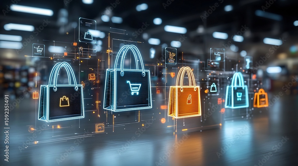 Aufkleber a dynamic and visually captivating representation of digital shopping bags in bright neon infused to