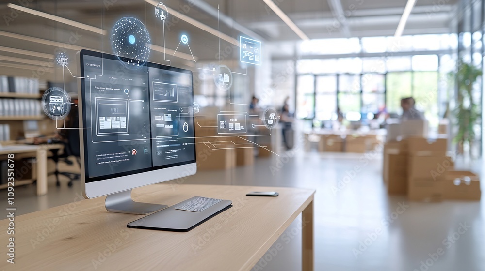 Poster Collaborative and modern office space showcasing digital holograms that provide AI powered insights into customer needs inventory optimization and e commerce strategies
