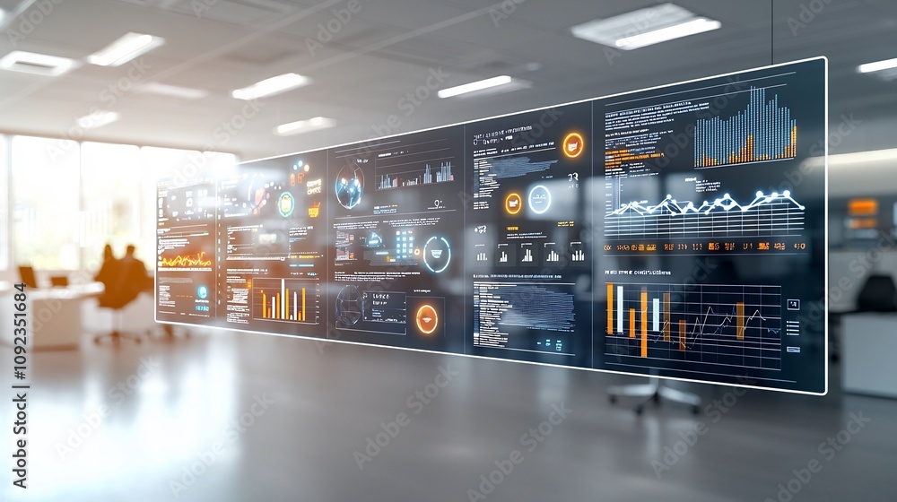 Poster AI Powered Analytics Transforming Corporate Decision Making in a Futuristic Office Setting with Holographic Displays Showcasing Trends Inventory and E commerce Performance