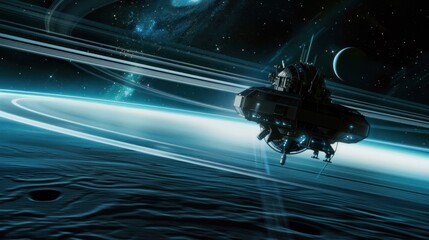 Cutting-Edge Spacecraft Exploring Uranus' Frozen Expanse, Under the Glow of Distant Stars and Faint Rings