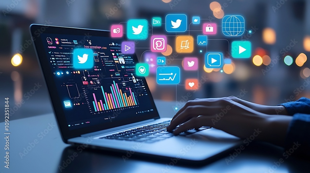 Poster closeup view of hands typing on a sleek modern laptop with bright colorful digital icons for social 