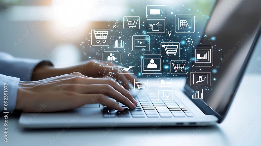 Poster hands typing on a laptop with glowing floating digital icons representing online shopping social med
