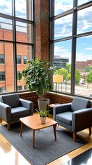 Obraz premium Modern Office Waiting Area with City View.
