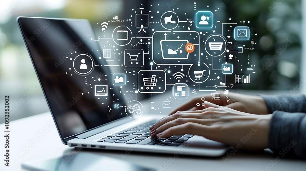 Poster Hands typing on a laptop computer with futuristic floating icons and graphics showcasing various online shopping platforms social media networks