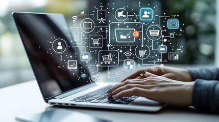 Hands typing on a laptop computer with futuristic floating icons and graphics showcasing various online shopping platforms social media networks
