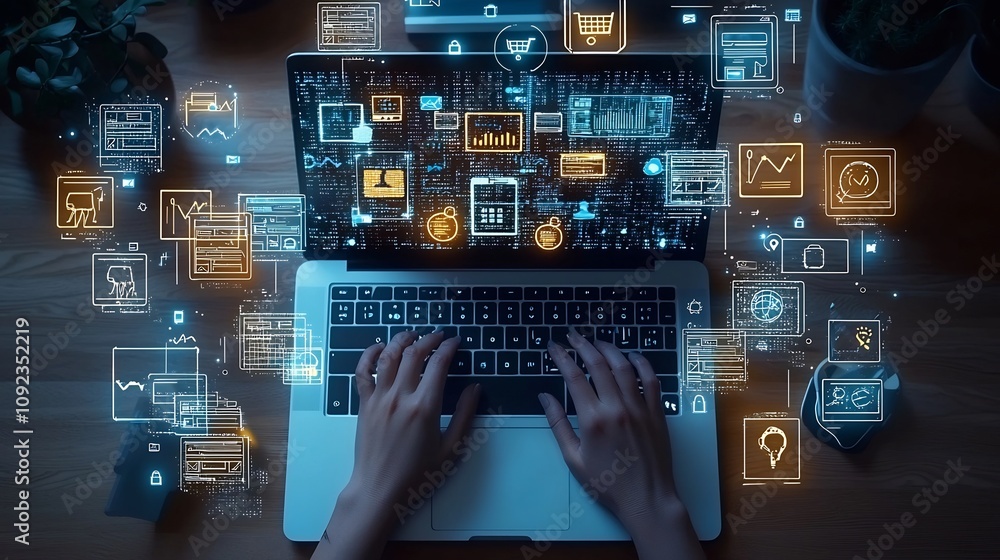 Poster Futuristic digital workspace scene with hands on a laptop keyboard illuminated by floating digital icons representing social media e commerce and marketing tools all set in a vibrant