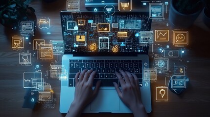 Futuristic digital workspace scene with hands on a laptop keyboard illuminated by floating digital icons representing social media e commerce and marketing tools all set in a vibrant