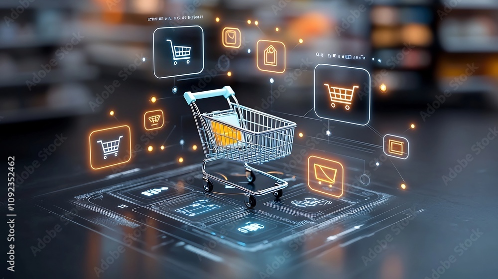 Poster luminous shopping cart on a futuristic digital platform with holographic icons and vibrant lighting 