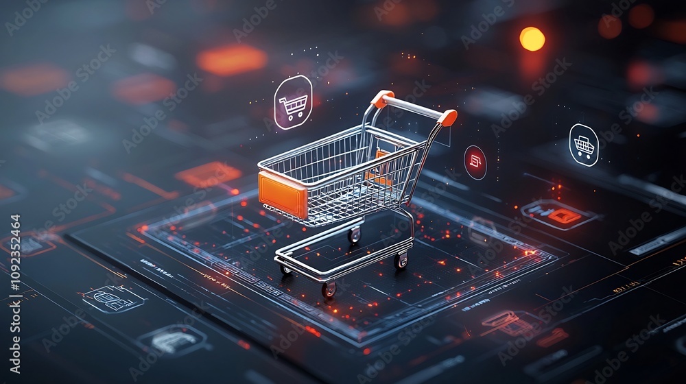 Poster luminous digital shopping cart on a futuristic digital platform surrounded by vibrant holographic ic
