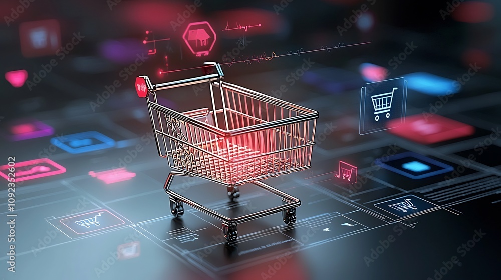 Aufkleber glowing futuristic shopping cart surrounded by vibrant holographic elements and lights on sleek digi