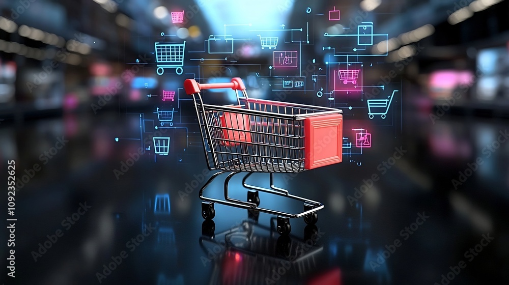 Poster Glowing Futuristic Shopping Cart on Sleek Digital Surface with Vibrant Holographic Elements Symbolizing Advanced E commerce Technology and Future Retail Innovations