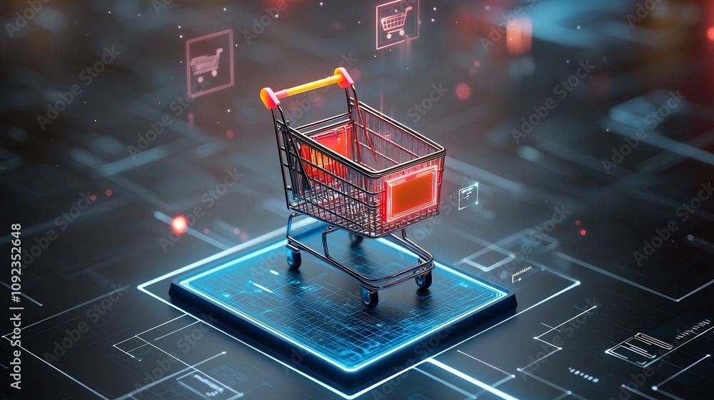Poster Vibrant neon lit shopping cart placed on a sleek digital platform with captivating futuristic holographic patterns and dynamic lighting effects creating a striking and modern e commerce concept