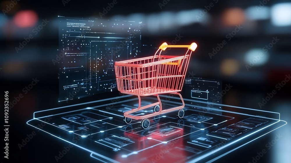 Poster vibrant neon colored shopping cart placed on a sleek futuristic digital platform featuring holograph