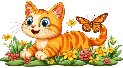 Fototapeta premium Cute Cartoon Orange Cat Sitting in Colorful Flower Garden with a Butterfly, Cheerful Expression, Playful and Charming, Ideal for Children’s Art and Designs